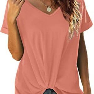 Bofell Womens Rolled Short Sleeve Tops V Neck T Shirts Summer Blouses